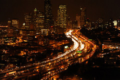 Wet night city: Seattle, from high above on Beacon Hill, 12th and 13th floors PAC-MED building, amazon.com, Washington state, USA