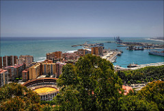 View about the malaga bull arena and the harbor