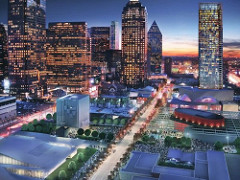 Museum Tower seen with the Downtown Dallas Financial District to its left and the burgeoning Dallas Arts District in the foreground as well as behind the Tower, June 2010